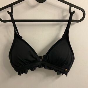 Black swim top with ruffles and gold accents by La Vie en Rose Aqua, size medium